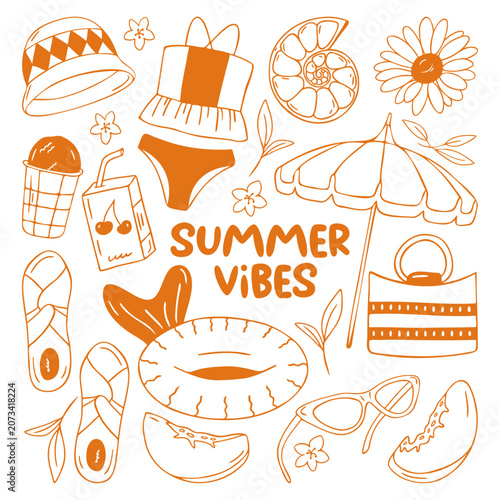 Summer elements collection with swimsuit, umbrella, mermaid float, panama hat, cat eye sunglasses, juice box and lettering, orange doodle flat retro style. Hand drawn vector beach accessories set