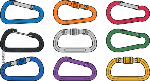 Obraz na płótnie Flat vector illustration set of colorful metal climbing carabiners and safety sn