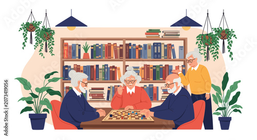 Happy senior citizens enjoying board games and socializing in a cozy community room filled with bookshelves.