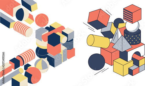 Fotografie Abstract geometric composition of three dimensional cubes cylinders and spheres