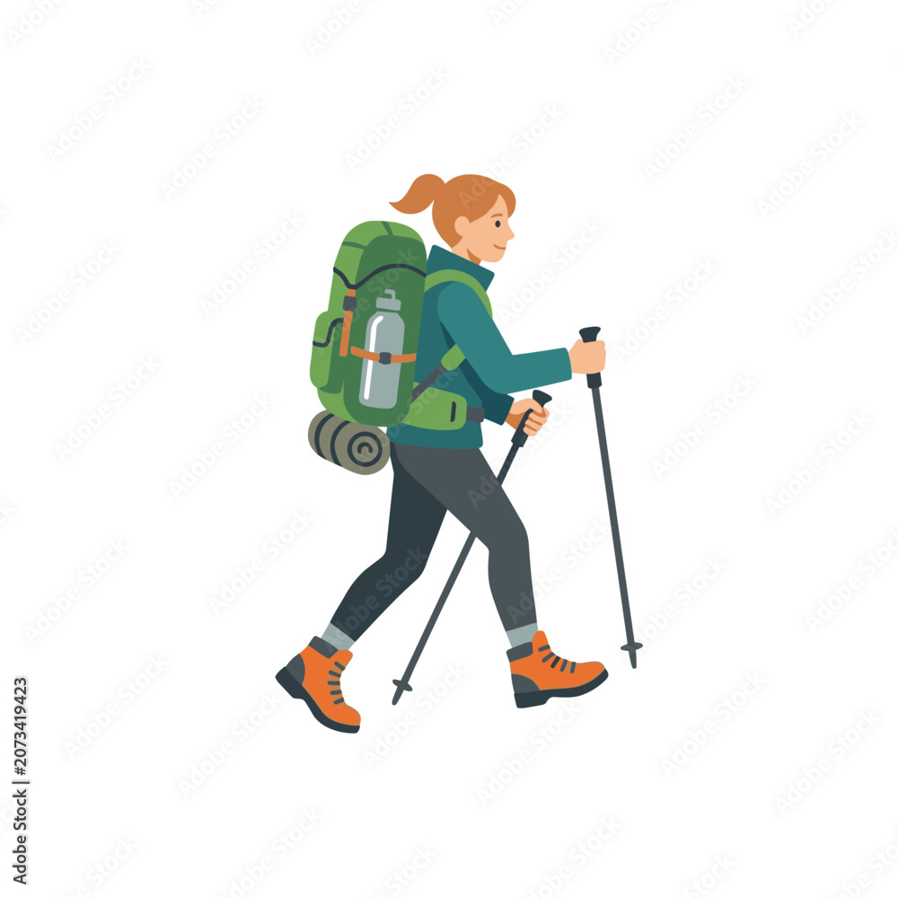 Fototapeta premium Woman hiker with backpack and trekking poles walking outdoors