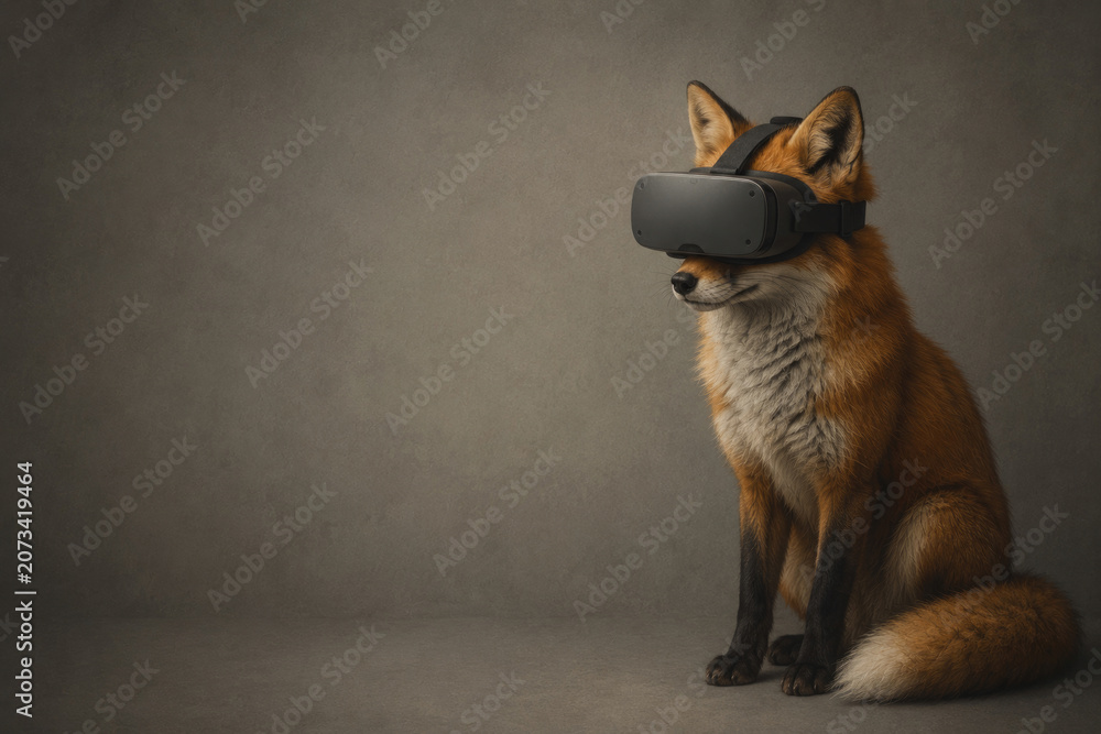Fototapeta premium A fox wears a virtual reality headset. Space for text.