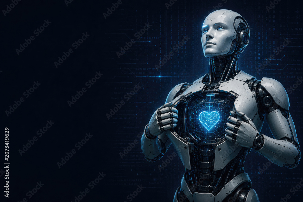 Fototapeta premium A humanoid robot opens a chest with a glowing heart. Space for text.