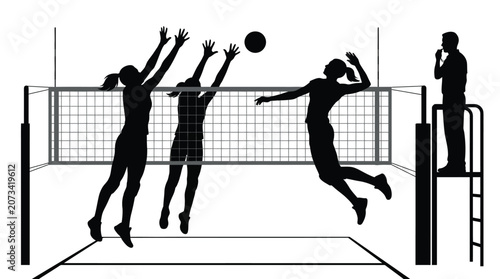 Black silhouettes of female volleyball players jumping at the net during a competitive match game