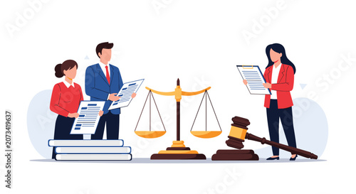 Group of professional lawyers standing together with the scales of justice and a wooden gavel representing the law.