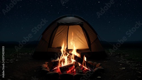 Camping Tent With Burning Campfire Under Sky