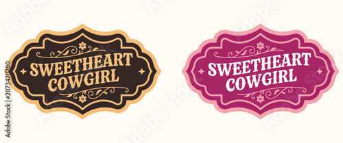 Schilderij op canvas Sweetheart Cowgirl Tag Label Belt Buckle Design Featuring Wild West Rodeo Typogr