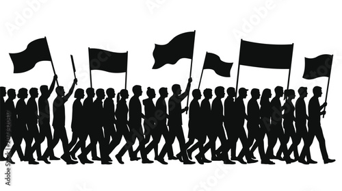 Quadro su tela Silhouettes of a group of diverse people marching together while carrying variou