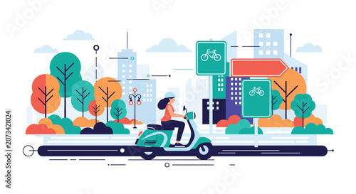 Eco friendly young woman riding green electric scooter on street with bike lane signs in sustainable city.