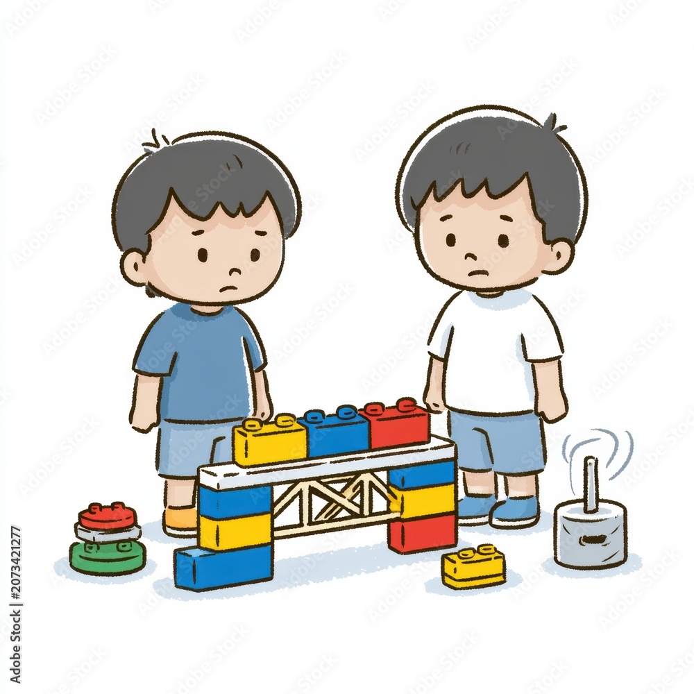 Obraz premium Two boys watch as one builds a Lego-style bridge with colorful blocks and tests its strength by adding weights on a white background.