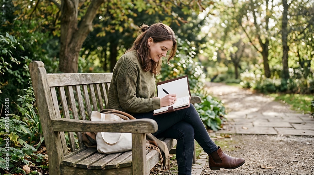 Fototapeta premium Smiling woman writing in a notebook on a wooden park bench