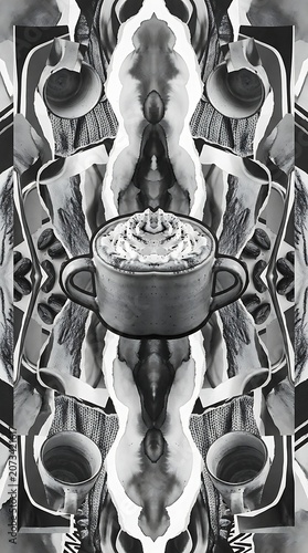 Abstract black and white symmetrical collage of coffee cups