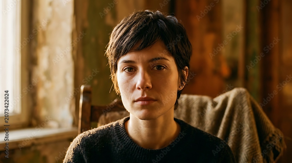 Obraz premium Portrait of a serious young woman with short hair sitting indoors