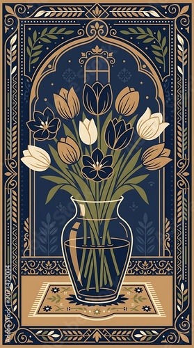 Elegant tulip bouquet in glass vase with ornate gold border