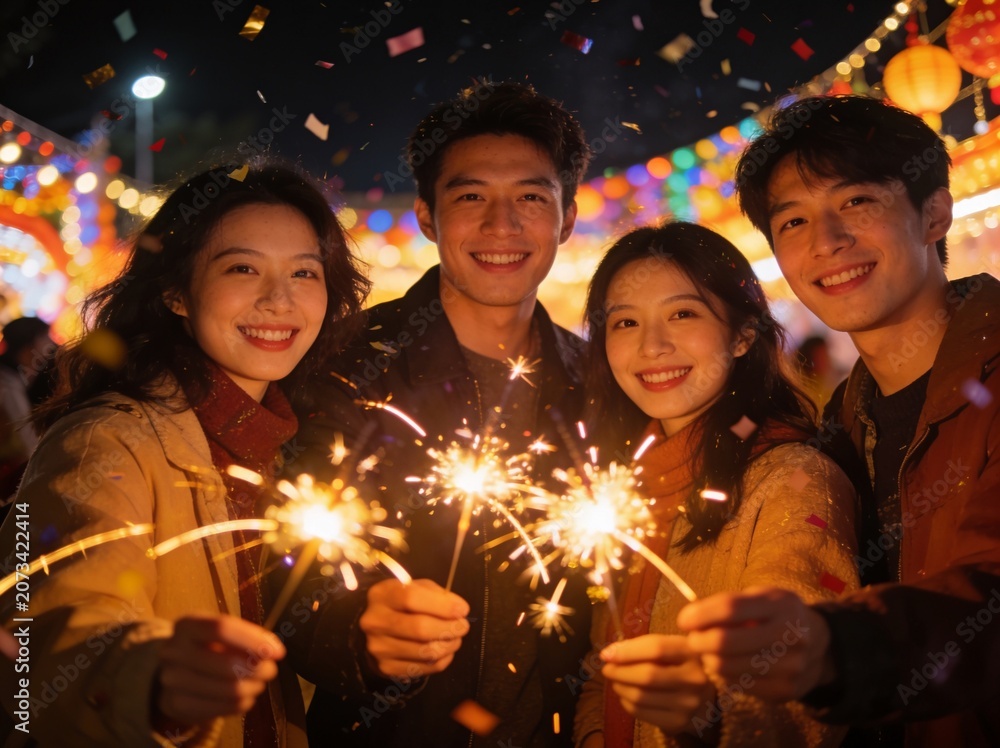 Fototapeta premium Young friends holding sparklers under lanterns at night festival