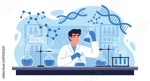 Professional male chemical researcher holding flask while studying biochemistry formulas and molecular structures.