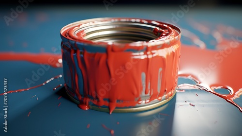 A photo of a paint gallon with paint on the rim.