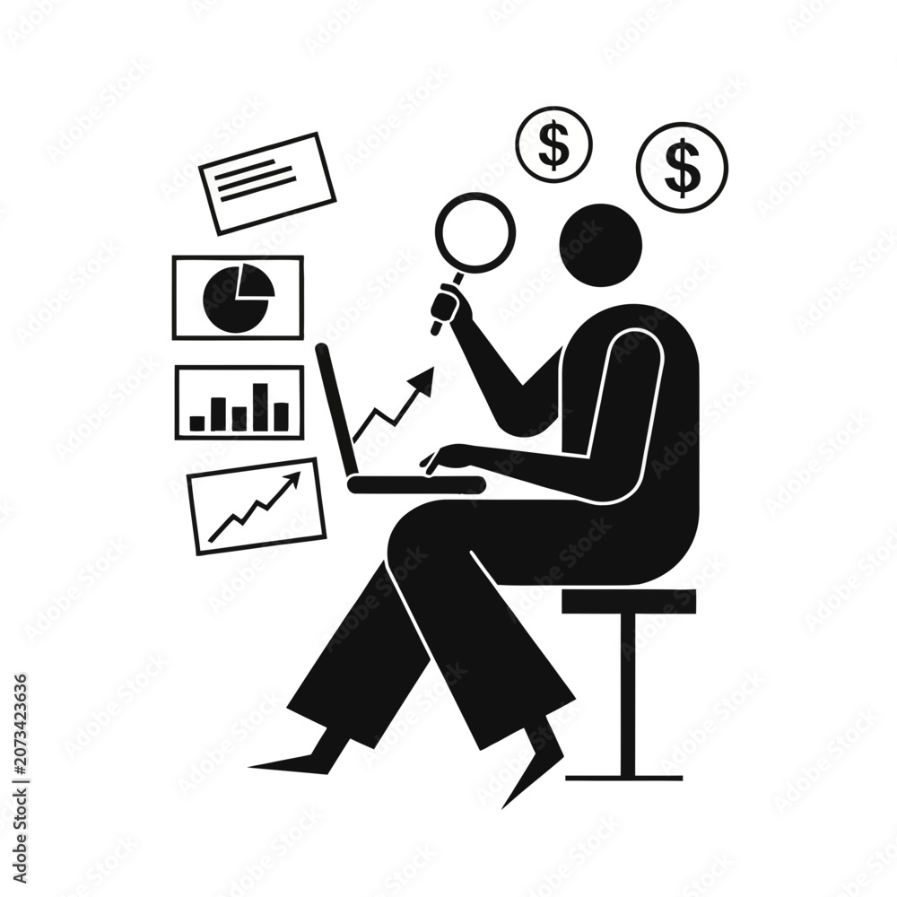 Fototapeta premium Analyst uses a magnifying glass to examine digital financial charts on a laptop screen for insight.