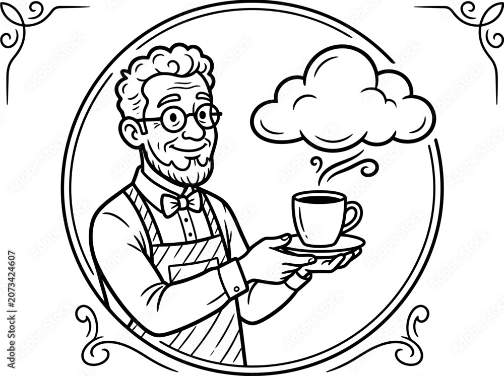 Fototapeta premium Smiling Barista Serving Hot Coffee Cup with Steam and Cloud Design
