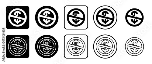 Icon set of no dollar symbol. Filled, outline, black and white icons set, flat style.  Illustration on transparent background