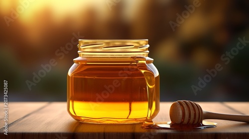A photo of honey in a jar with a beautiful golden hue.