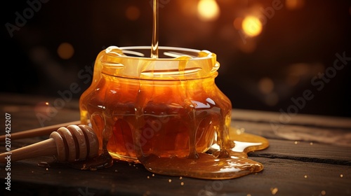 A photo of honey jar with liquid honey and wax chunks.