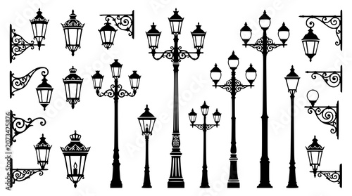 Cuadro en lienzo Ornate Street Lamp and Lantern Silhouette Collection with Decorative Lamp Posts