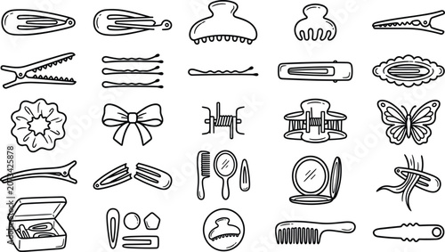 Obraz na płótnie Hair Clips Accessories Outline Icons Set Featuring Hand Drawn Claw Clip Bobby Pi
