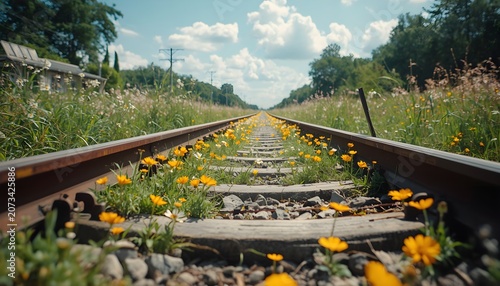 Abandoned Railway Tracks Overgrown with Wildflowers in Sunny Day