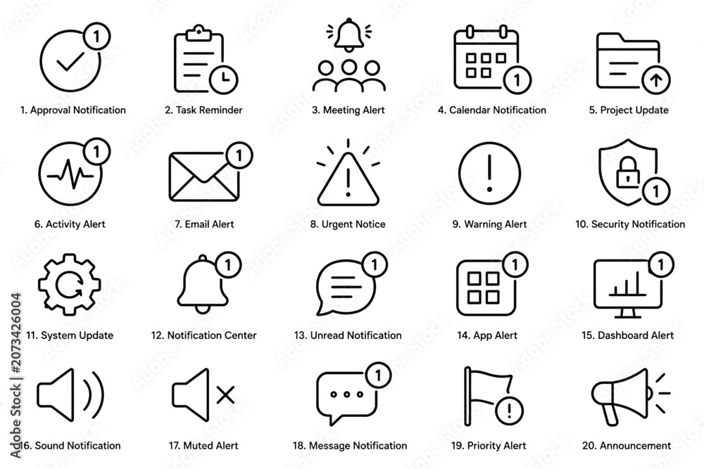 Fototapeta premium Notification icons set, line art style, illustration