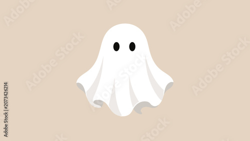 Cute white ghost character with tiny black eyes on beige background, ghost, halloween, white, cute, spooky, character, sheet, eyes