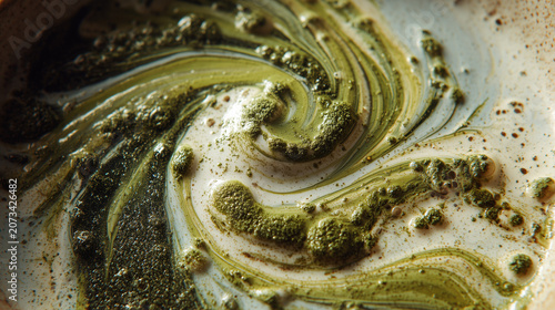 Artistic Macro Swirls of Coconut Milk and Matcha