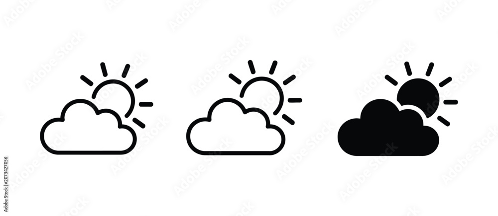 Obraz premium Weather icon set vector illustration for digital UI design with sun rain cloud snow wind storm forecast symbols for mobile and web applications interface graphics