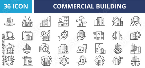 Commercial building web banner icon set outline vector illustrations concept with icon property, mortgage, investment, home, house, business, residential