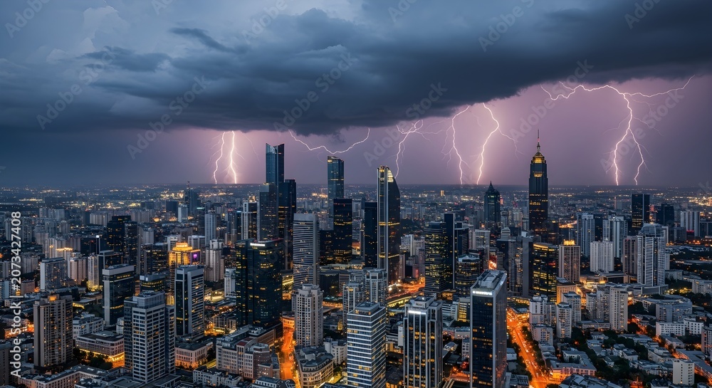 Fototapeta premium Cityscape under thunderstorm, skyscrapers with lightning