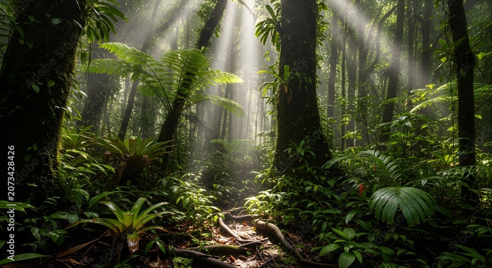 Naklejka premium Sunlight filtering through dense rainforest with lush greenery and mist