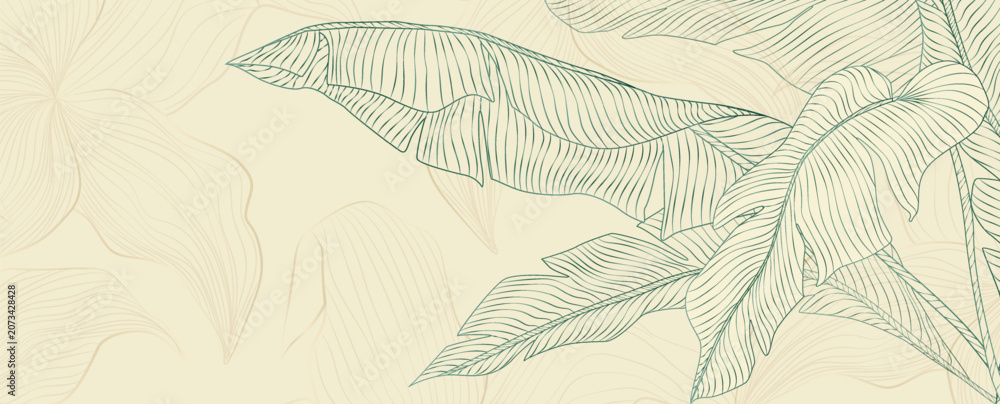 Fototapeta premium Premium art background with hand-drawn tropical plant leaves in line art style. Botanical banner for decor, prints, textiles, posters, interiors, and wallpaper.