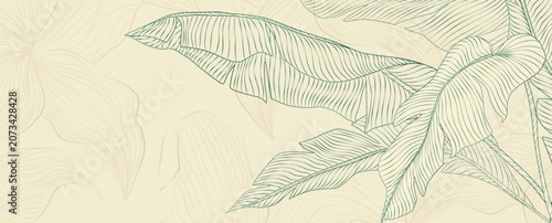 Foto Premium art background with hand-drawn tropical plant leaves in line art style