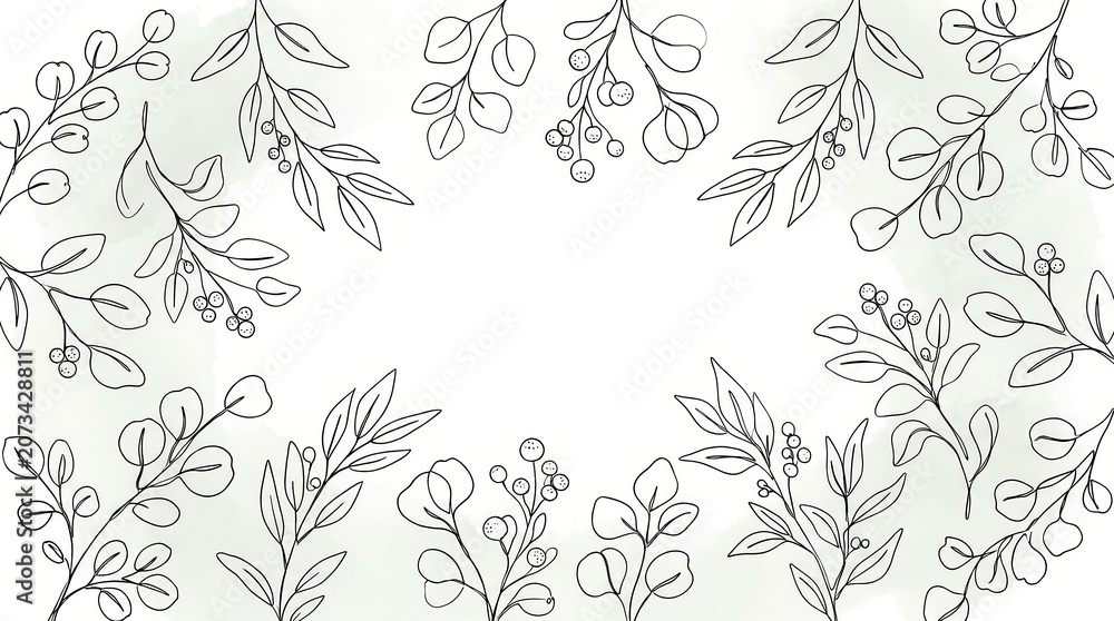 Fototapeta premium Elegant watercolor eucalyptus floral frame with hand drawn botanical leaves and branches on white background. Minimal border with copy space for wedding invitations and stationery.