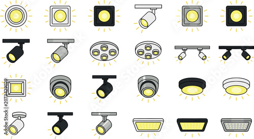 Fotografía Modern ceiling spotlights and recessed downlights vector set with glowing track
