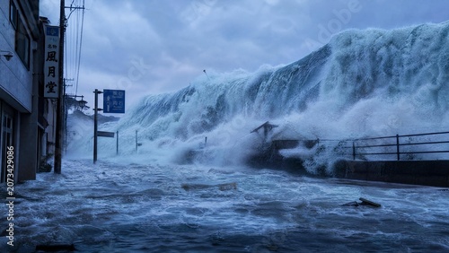 Dramatic Tsunami Wave Crashing into Coastal City Streets in Japan
