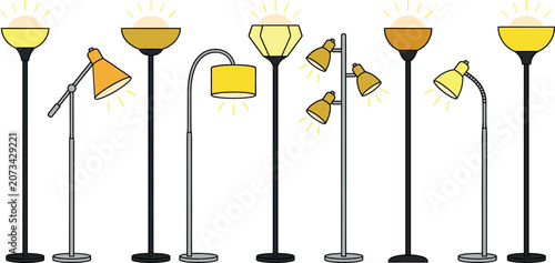 Modern floor lamps vector set with glowing yellow shades and diverse contemporary designs isolated on white background for interior decor illustrations