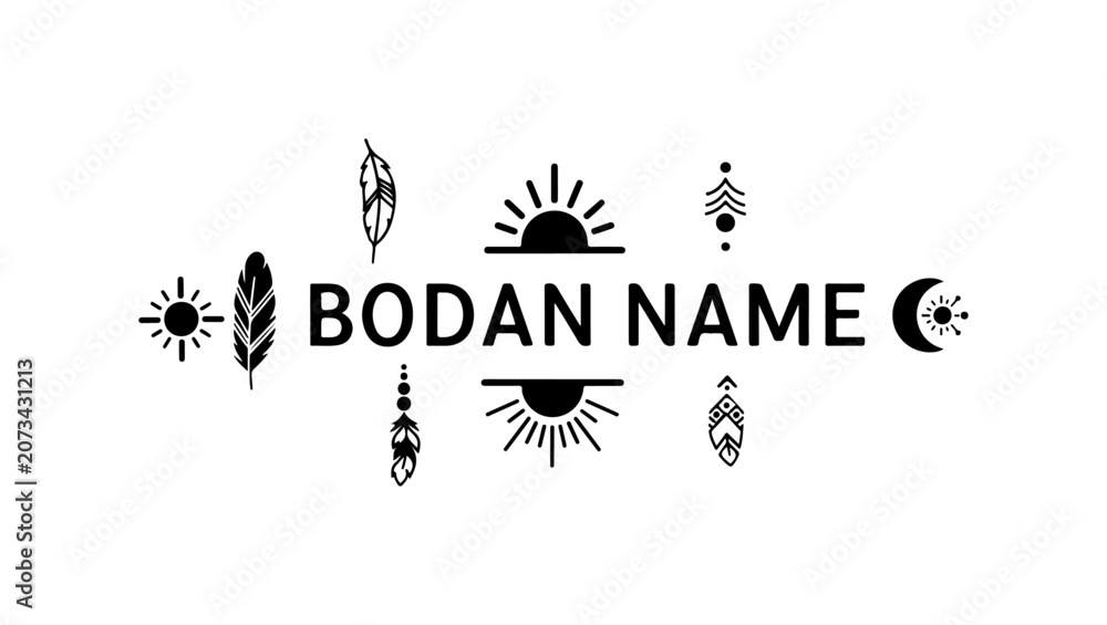 Fototapeta premium Boho sun, moon, feather icons, Bodan Name logo, celestial symbols
