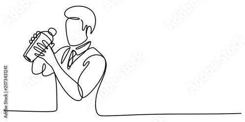 Foto Continuous single line drawing of a bartender shaking a cocktail mixer to prepar