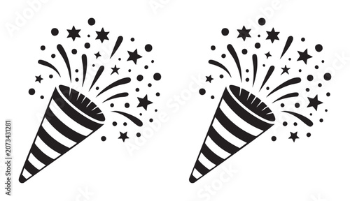 Tableau sur toile Celebration popper icons with star confetti and sparkling elements isolated on transparent backdrop