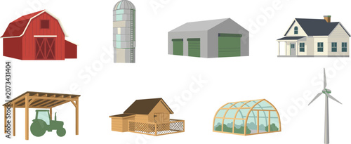 Tableau sur toile Farm Buildings and Agriculture Infrastructure Vector Set with Red Barn, Silo, Wa