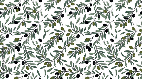 Fotografie Olive branch seamless pattern vector illustration with green and black olives on