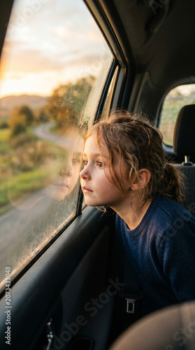 Petite fille pensive regardant par la fenêtre d'une voiture au coucher du soleil