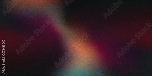 Dark grainy color gradient wave background, purple red yellow blue green colors banner poster cover abstract design, black copy space.
