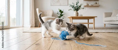 Fototapeta na wymiar Deux jeunes chatons gris et blancs jouant ensemble avec une pelote de laine bleue au salon